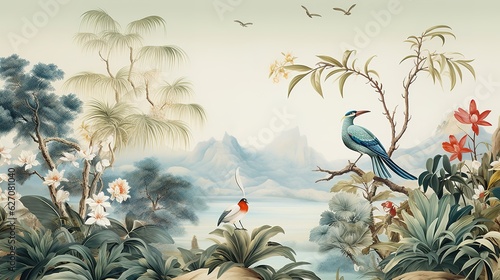 Chinoiserie Wallpaper Mural, Wall Art, Tropical Landscape, Home Decor, Hand Draw Design