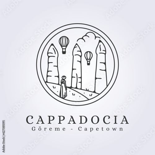 hot air balloon in cappadocia with woman design vector illustration in badge for logo icon symbol template background
