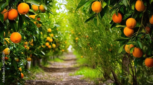  an orange grove with lots of oranges growing on the trees.  generative ai © Anna