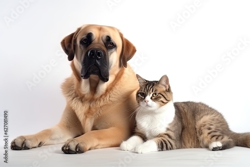 Dog and a cat lying next to each other on a white background. The dog is a large breed with a tan coat and black muzzle while the cat is a tabby with a white chest and paws.