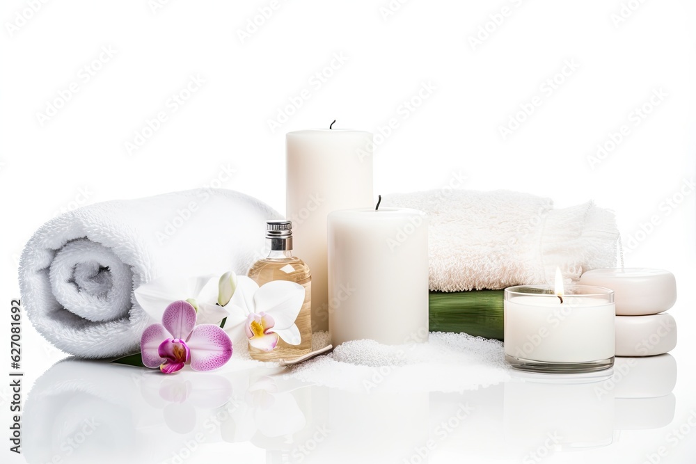 A spa setting with white towels, candles, and orchids A spa setting with white towels, candles, and orchids