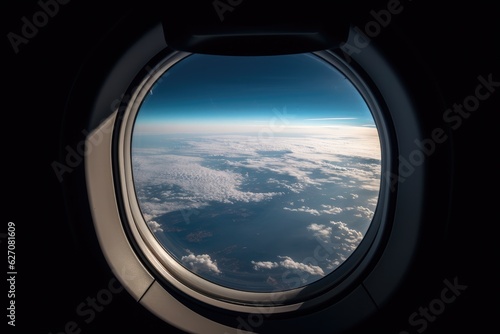 Airplane window with a view of the sky and clouds. The window is circular with a black frame. The view from the window is of a blue sky with white clouds.