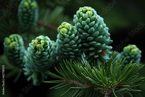 Group of young pine cones on a branch. Green and tightly clustered together. The pine cones are in various stages of growth. photo