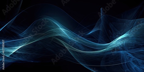 Abstract blue and white lines and curves on black background with a futuristic and modern feel