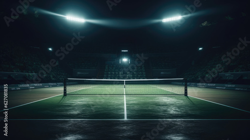 View of a tennis court with light from the spotlights over dark background
