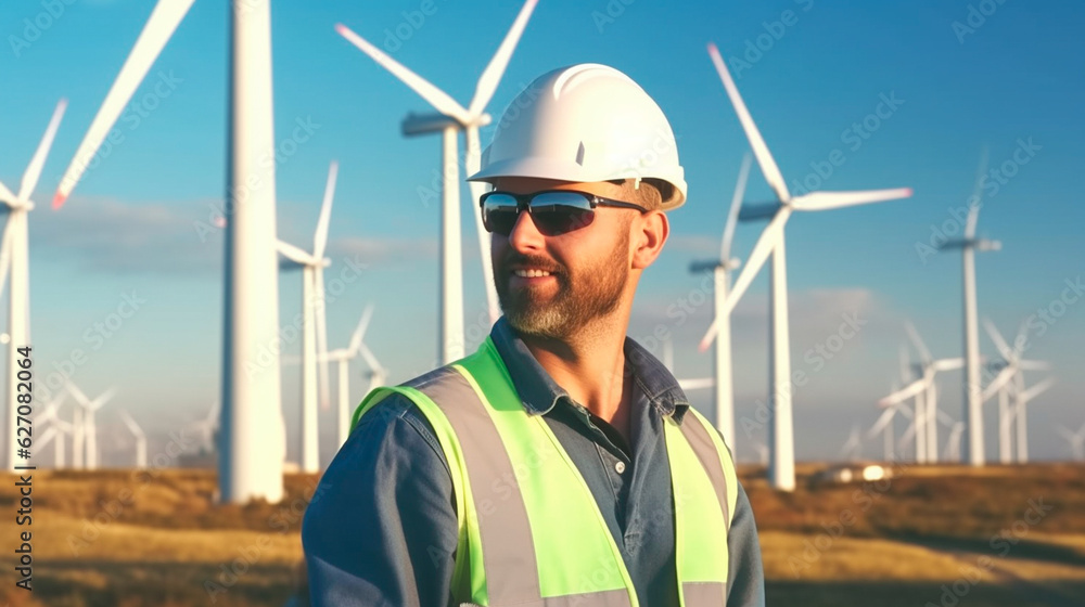 Engineer man working renewable wind energy plant. Generative AI Engineer man working renewable wind energy plant. Generative AI