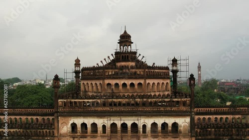 Husainabad Clock Tower and Bada Imambara India Architecture view from a drone