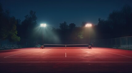 View of a tennis court with light from the spotlights over dark background