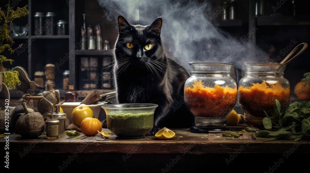 Huddled by a witch's cauldron. A black cat becomes an essential companion in brewing magical potions. Halloween concept for witch-themed restaurant, mystical cooking class, potion ingredient supplier.