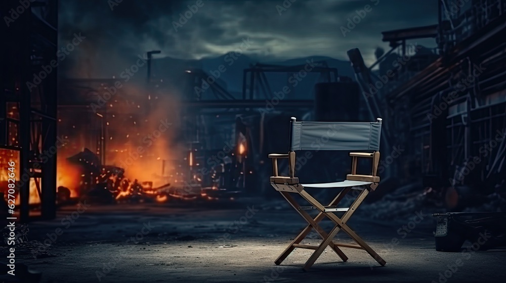 An empty director chair in front of an empty film set. Gloomy background An empty director chair in front of an empty film set. Gloomy background