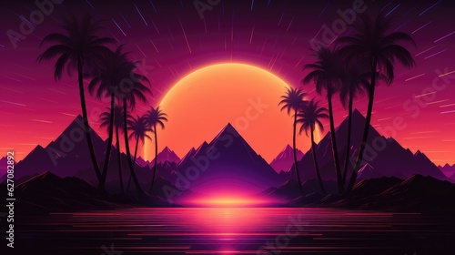 Orange and purple sun animation. VHS video game style. Retro wave design.