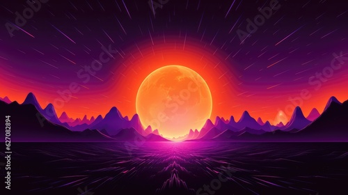 Orange and purple sun animation. VHS video game style. Retro wave design.