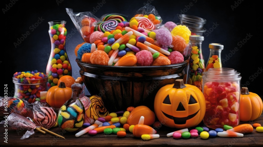 Overflowing with sugary delights.  Candy bucket entices trick-or-treaters and sweet-toothed customers, Halloween concept, for candy stores, supermarkets, confectionery shops.