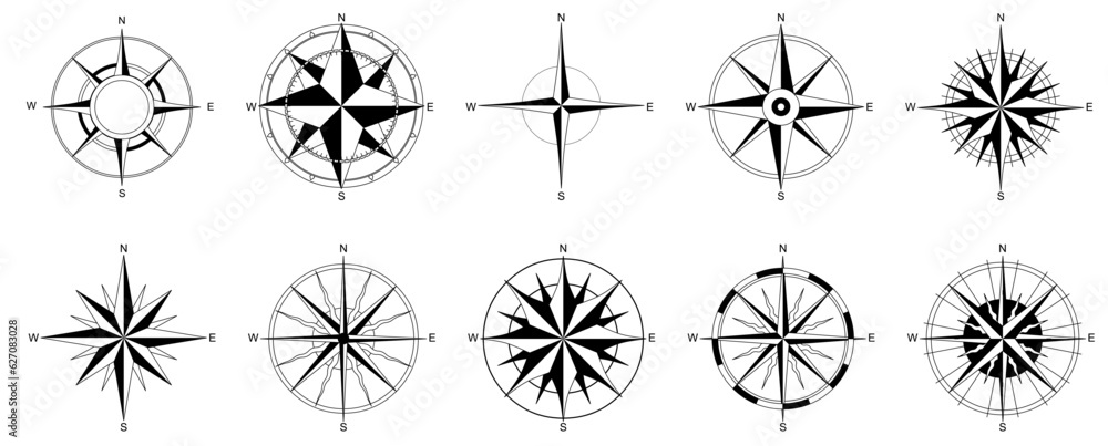  Wind rose elements set - visualization of antique compass vector types - vector concept of vintage nautical emblem   - obrazy, fototapety, plakaty 