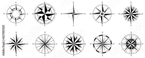  Wind rose elements set - visualization of antique compass vector types - vector concept of vintage nautical emblem  