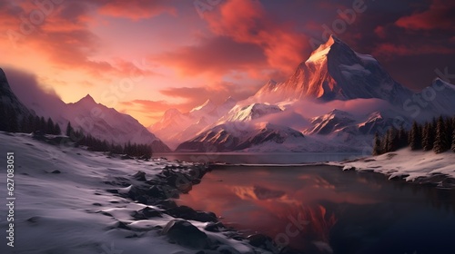 Mountain landscape with snow sunset time
