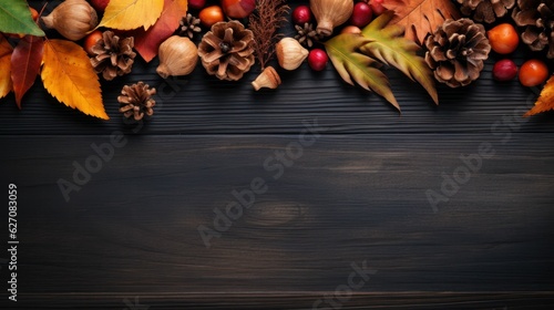 Top view border background with autumn leaves on wooden table
