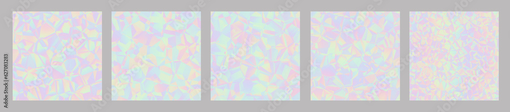 Set of crystal unicorn holographic light foil patterns textures - iridescent rainbow hologram silk material background
