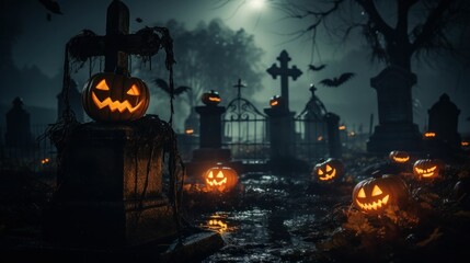 Spooky halloween background with pumpkins at a cemetery graveyard at night with bats and spiders