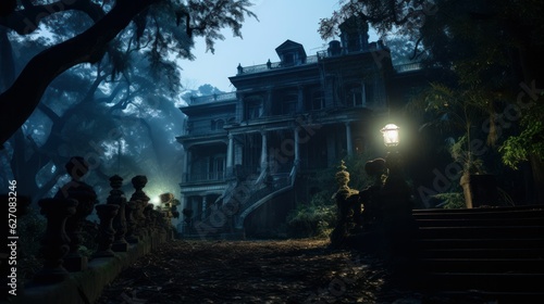 Foto Creepy old Halloween haunted house mansion at night