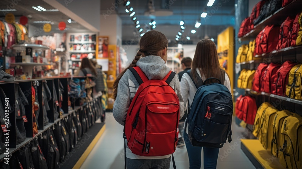 Obraz premium Girls with backpacks buying school supplies. Mall shopping