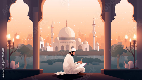Muslim man sitting and holding Quran with view of mosque, eid ul adha mubarak day background illustration. Generative AI