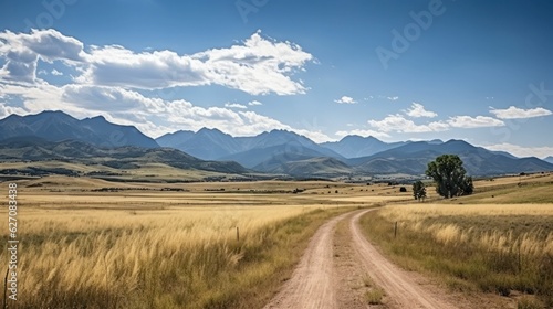 Ground road in the field to the mountain landscape