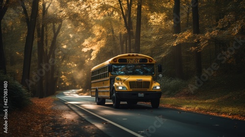 School bus driving through the autumn fall forest with yellow leaves