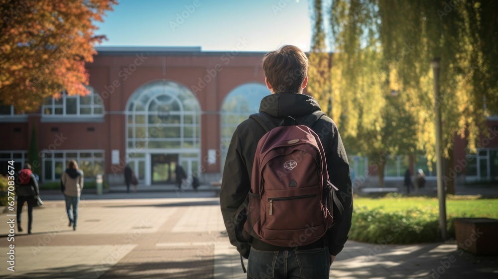 High school student standing in front of the school building High school student standing in front of the school building