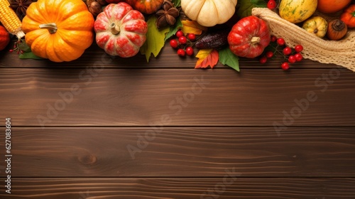Top view pumpkins autumn background with copy space