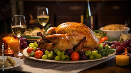 roasted Thanksgiving turkey with vegetables on a table