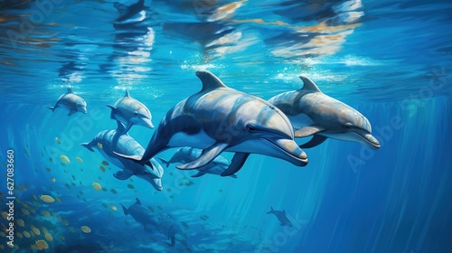  a painting of a group of dolphins swimming in the ocean.  generative ai © Anna
