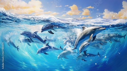  a group of dolphins swimming in the ocean with a sky background. generative ai