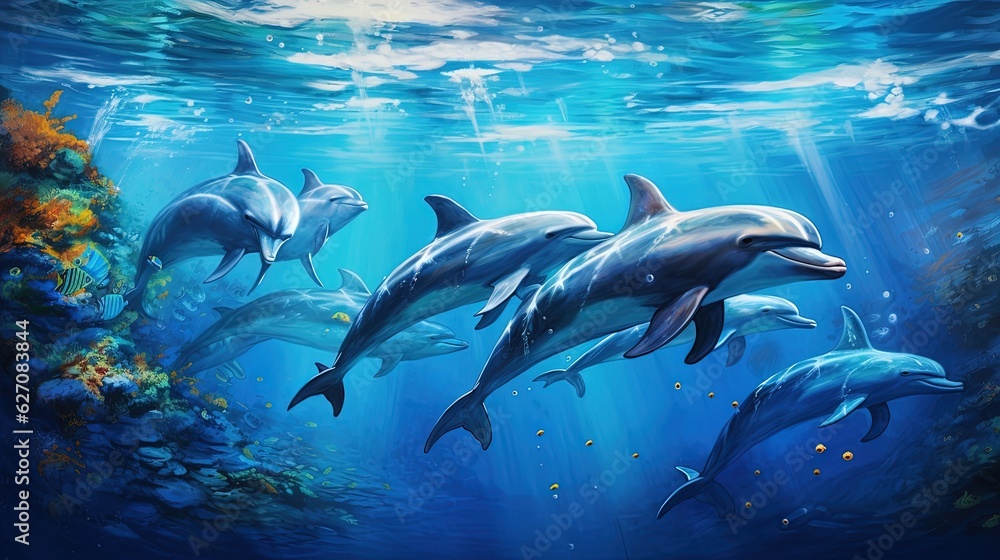 a painting of three dolphins swimming in the ocean with sunlight streaming through the water. generative ai a painting of three dolphins swimming in the ocean with sunlight streaming through the water. generative ai