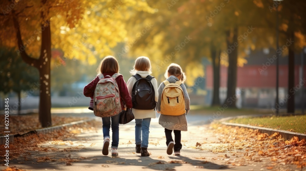 Obraz premium School friends, boys and girls with school backpacks on their backs walk after class.