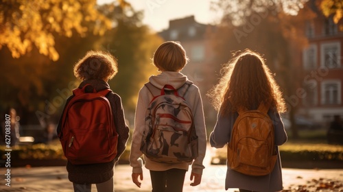 School friends, boys and girls with school backpacks on their backs walk after class. © Kanisorn