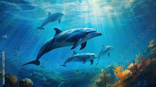 a painting of three dolphins swimming in the ocean with sunlight streaming through the water.  generative ai © Anna