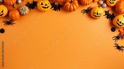 halloween background with pumpkin and bats and spiders