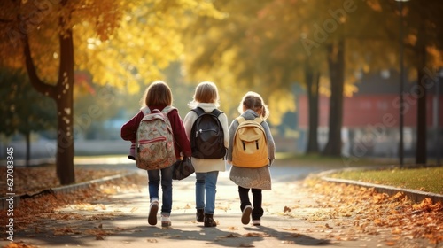 School friends, boys and girls with school backpacks on their backs walk after class.