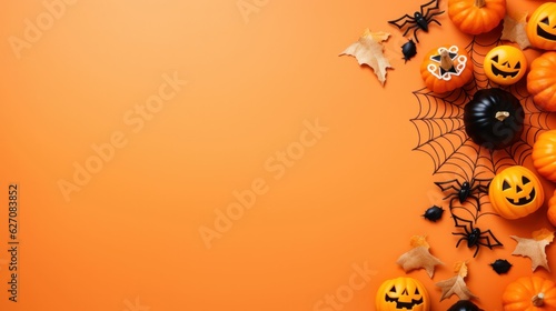 Halloween party border background with pumpkins bats and spiders