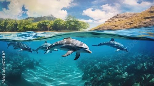  a painting of three dolphins swimming in the ocean with a mountain in the background. generative ai