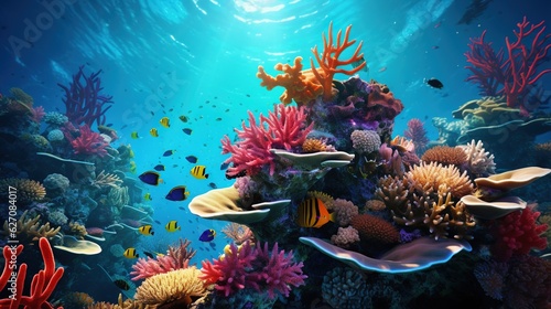  an underwater scene with corals and other marine life on a blue background. generative ai
