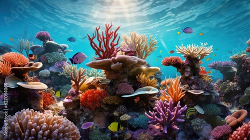  an underwater scene of a coral reef with many different types of corals.  generative ai © Anna