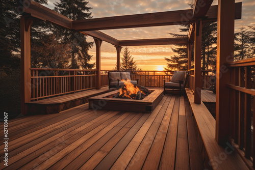 Outdoor wooden living deck with fireplace at sunset