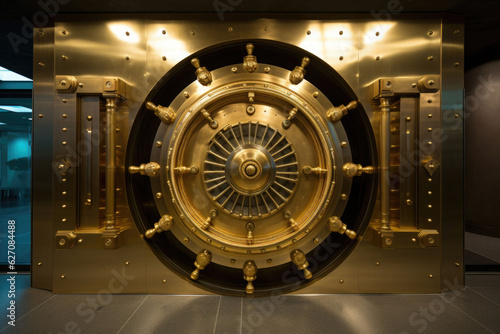 Front view of closed bank vault door