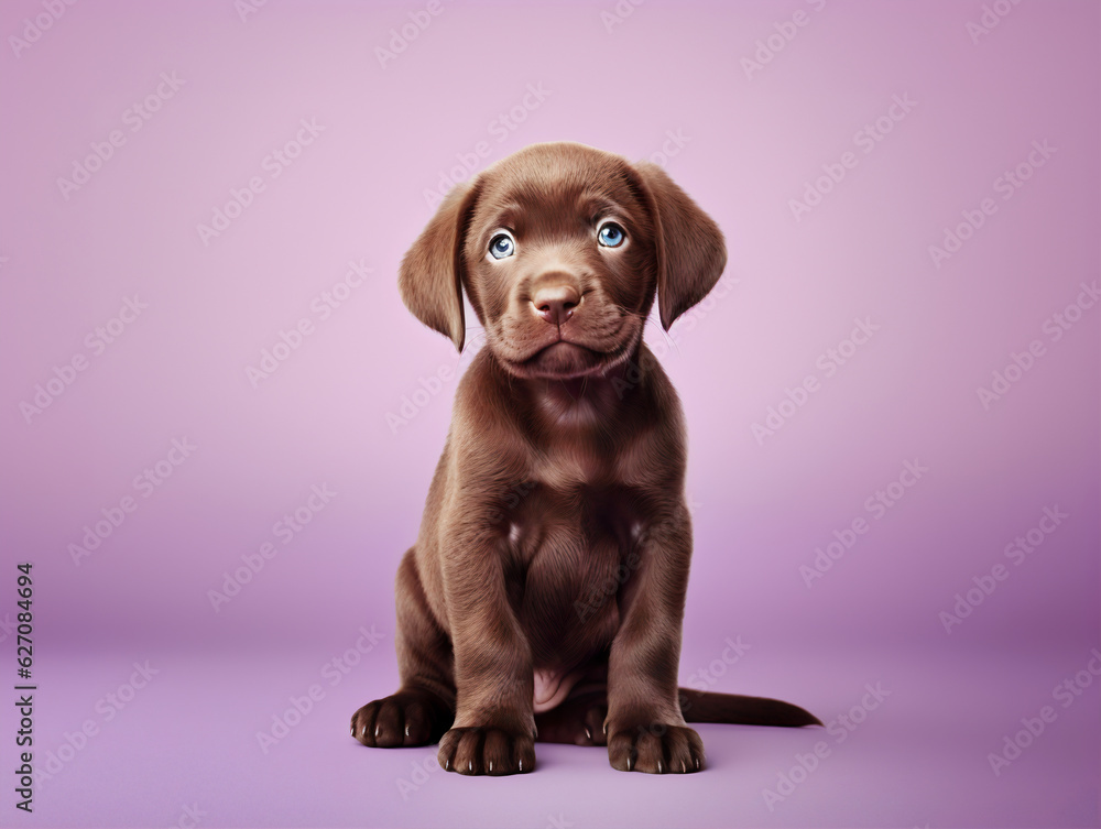 Brown Labrador puppy sitting on a light purple background