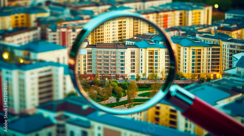 Searching new house for purchase. Rental housing market. Magnifying glass near residential building. Generative AI