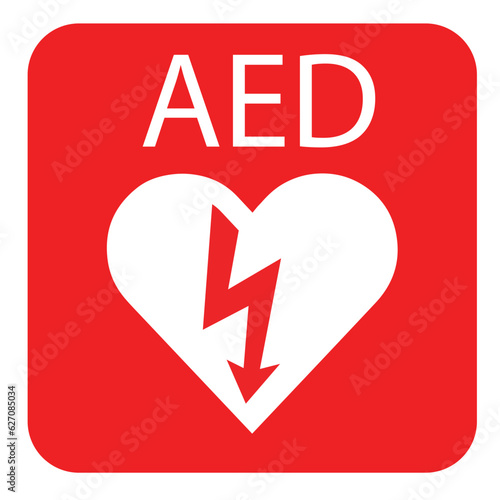AED,automated external defibrillator / aed sign with heart and electricity symbol flat vector icon	
