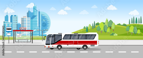Bus transfer from countryside to big capital city, airport, sightseeing route, bus stop, bus station, vector illustration