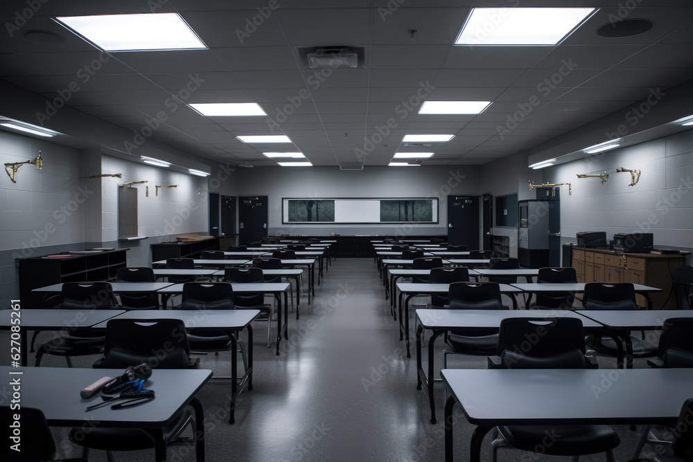 Professionally organized classroom with rows of desks and chairs, lit up by cinematic lights, creating a visually stunning and inviting environment for students